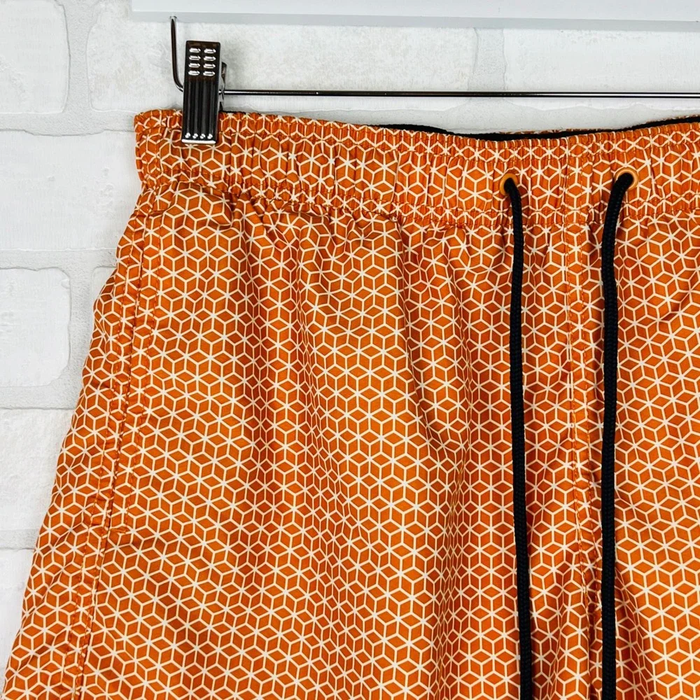 Mens Orange Geometric Honeycomb Cube Print Swim Trunks Elastic Waist Shorts M